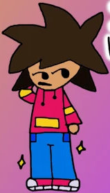 kiki standing and has her arm behind her head and she have some shiny new pants